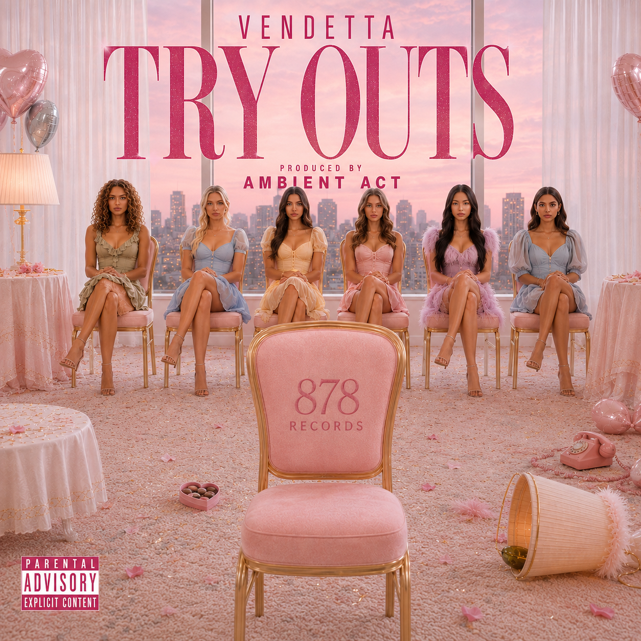 TRYOUTS album cover by Vendetta, featuring six women seated in a pink audition room